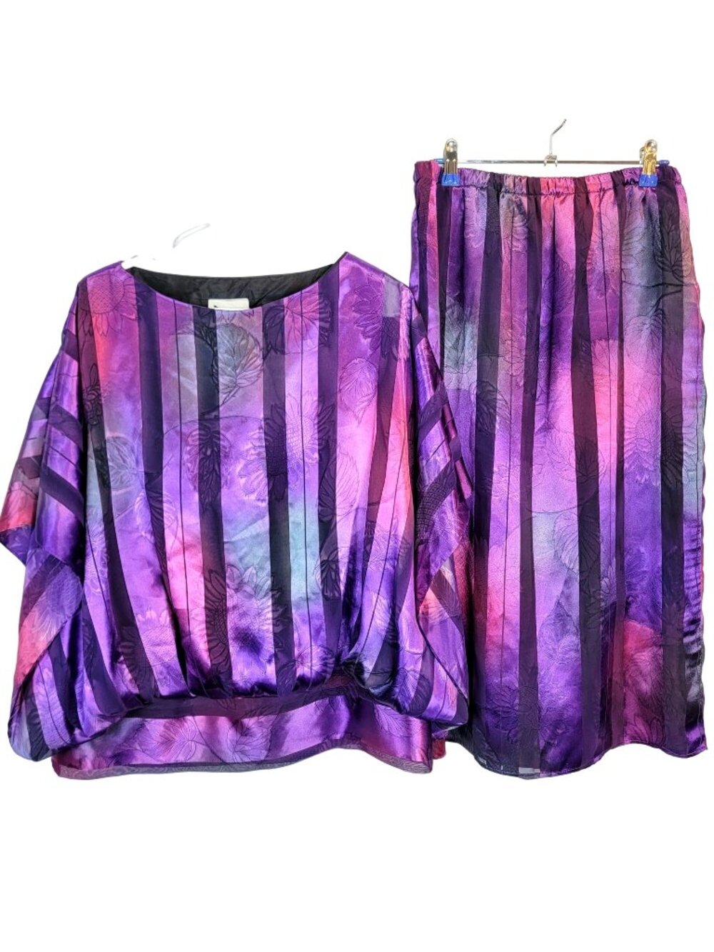 Vintage 80s Set Women 12 Colorful Floral Stripe Midi Skirt Blouse Top Shirt Pink